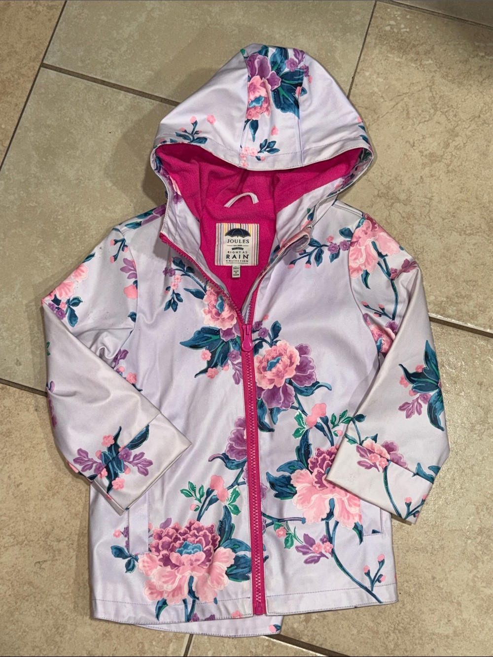 Joules Lavender Floral Hooded Raincoat with Pink Lining Sz 5